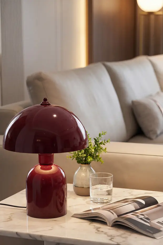 Luna Abajur Bordo Metal Gövdeli - 25 cm - Oturma Odası & Yatak Odası & Salon Aydınlatma